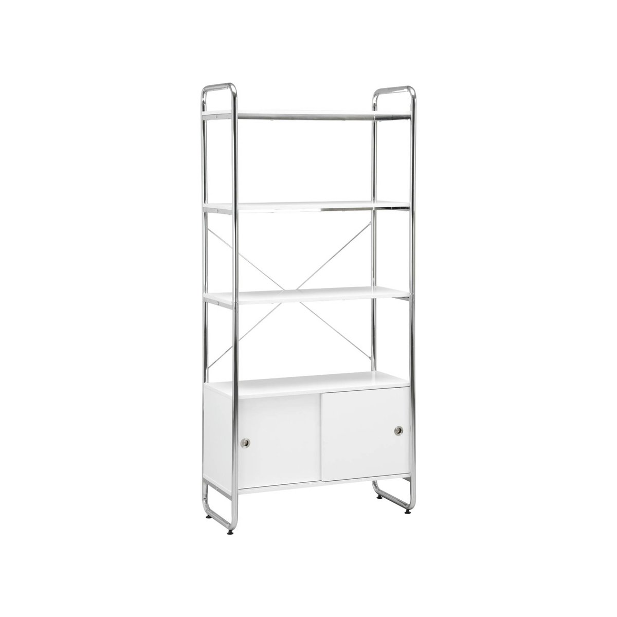 Etagère bibliothèque métal chromé et décor bois 2 portes coulissantes 5 niveaux LENNOX blanc, SWEEEK