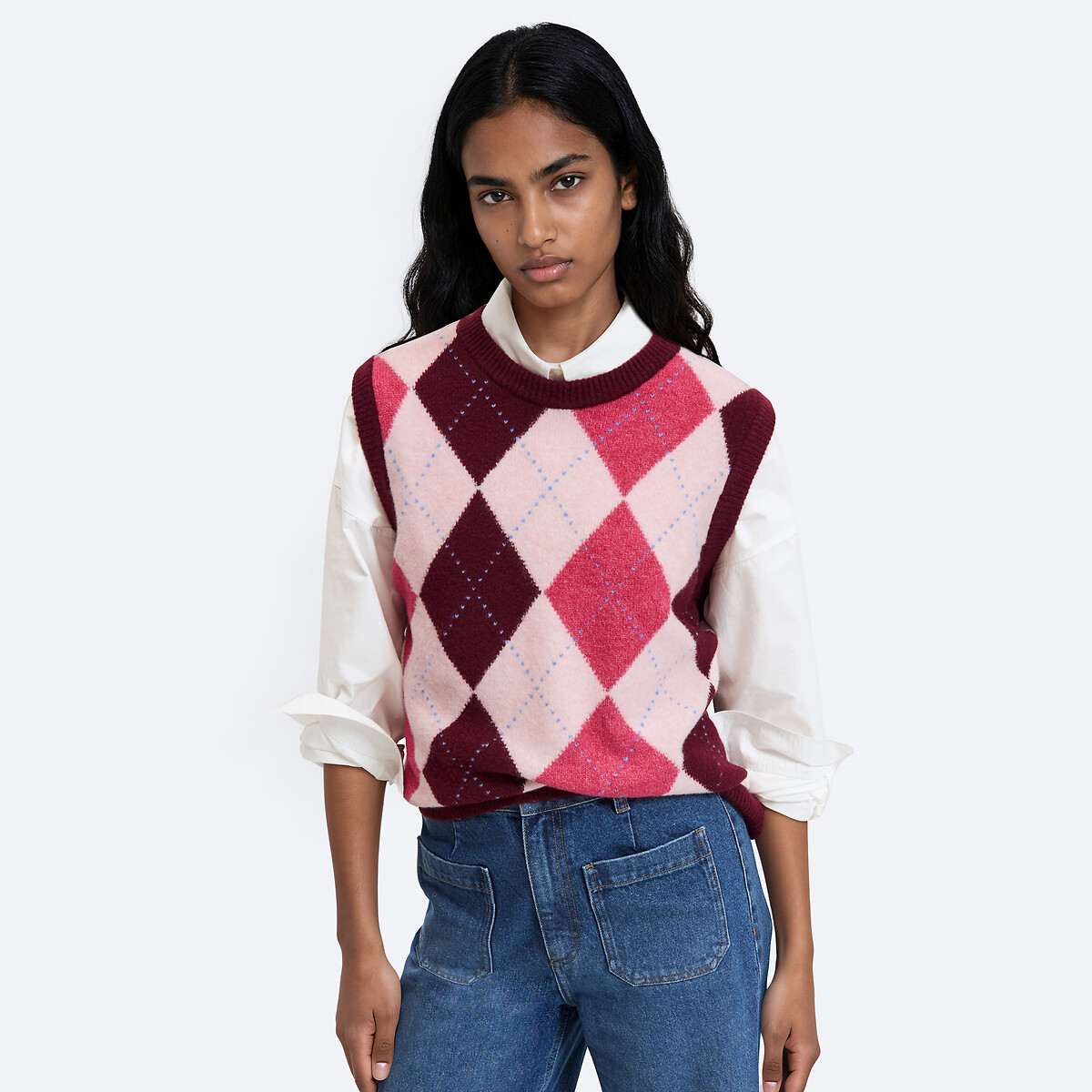 Pull sans manches à losanges argyle rose, LA REDOUTE COLLECTIONS
