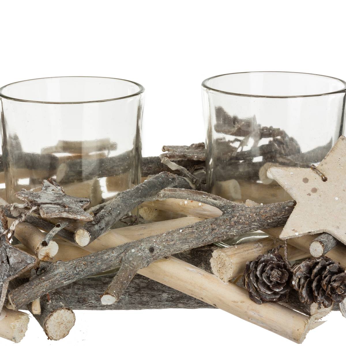 Photophore centre de table buche avec 4 photophores bois blanc gris, ATMOSPHERA
