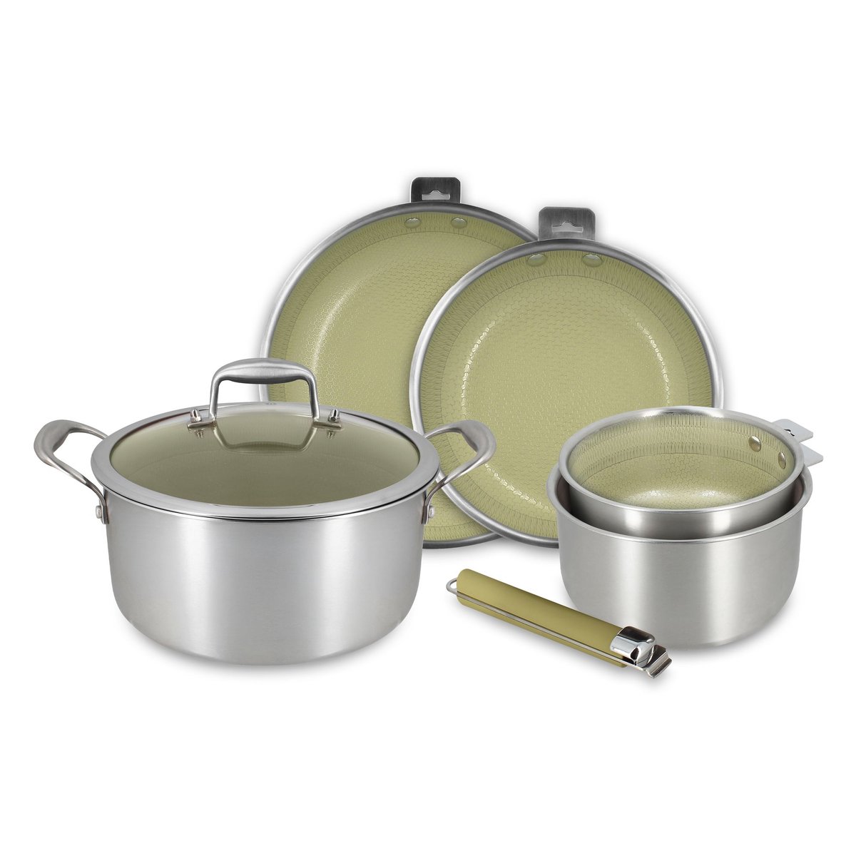 Batterie de cuisine 5 pièces en acier inoxydable avec 1 poignée, AGLAE inox-vert, MENASTYL