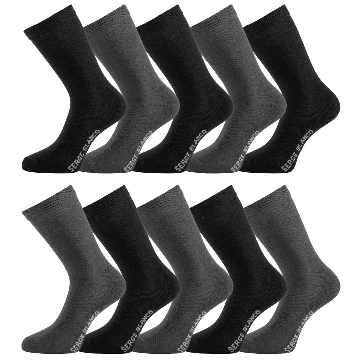 Lot De 10 Chaussettes Coton Peigné noir/gris anthracite chiné, SERGE BLANCO
