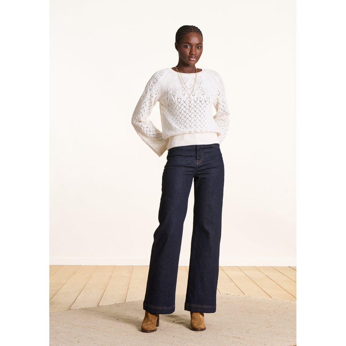 Pull en maille ajourée manches longues ecru, LA FEE MARABOUTEE