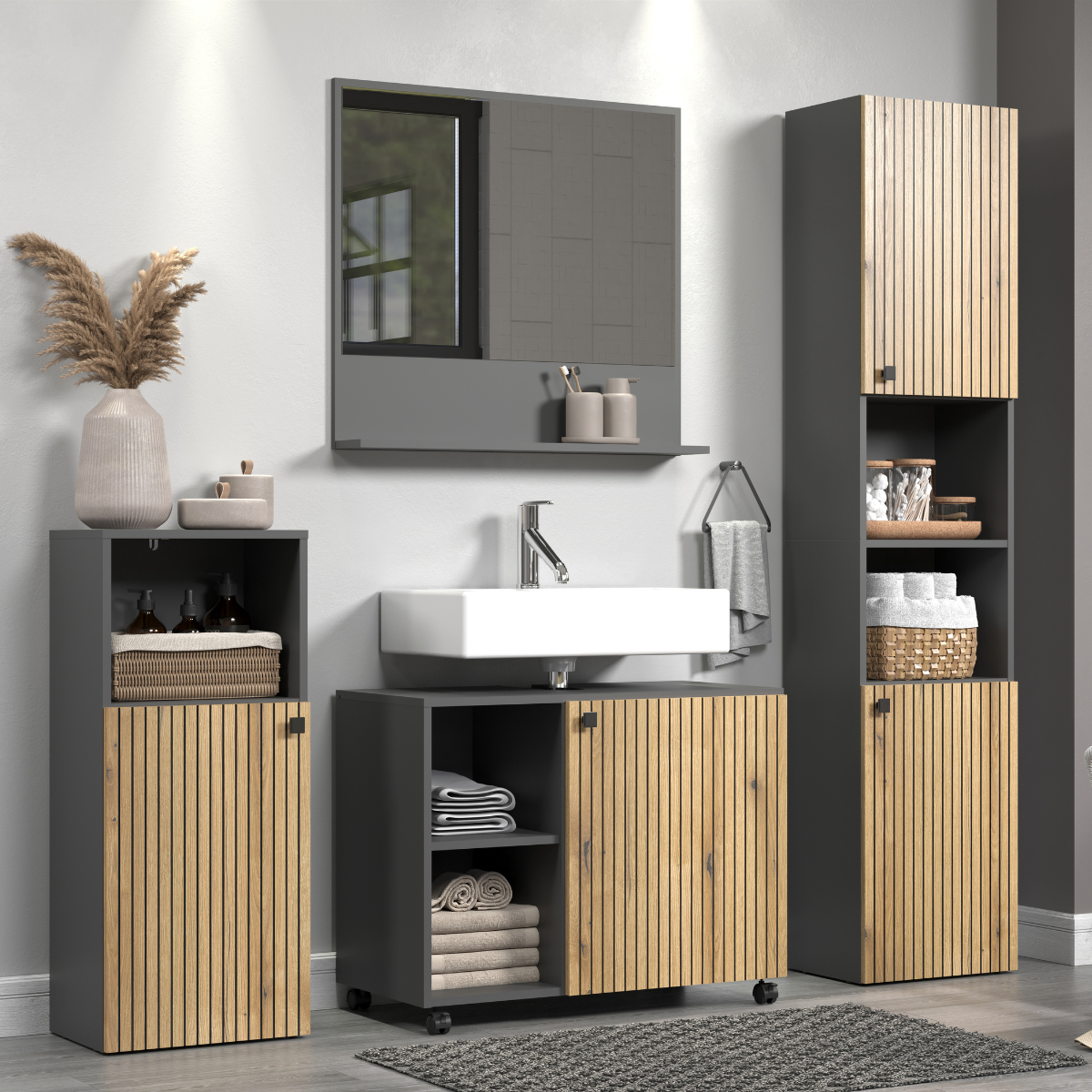 Colonne de salle de bain rainurée 2 portes, 2 niches H186 cm - PUREBLISS chêne blond et noir mat, CALICOSY