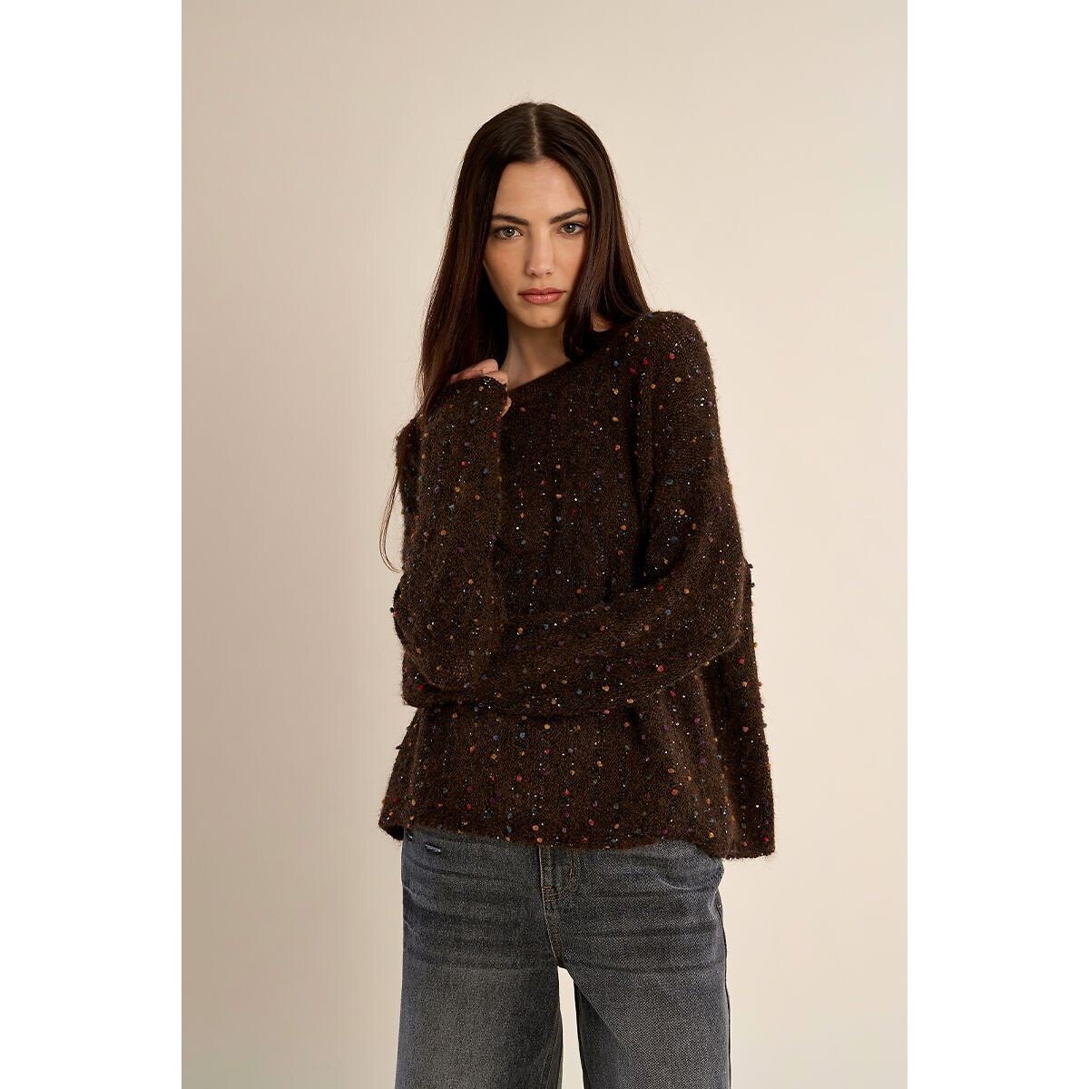 Pull col rond détails multicolores marron chocolat, MOLLY BRACKEN
