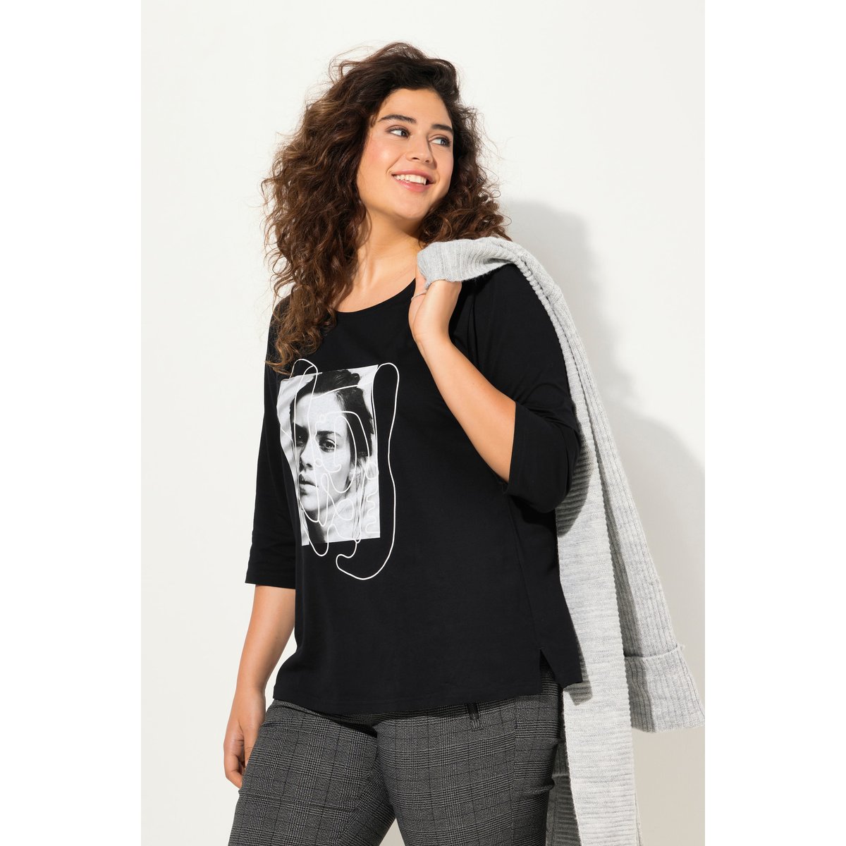 T-shirt avec imprimé, col rond et manches 3/4 noir, ULLA POPKEN