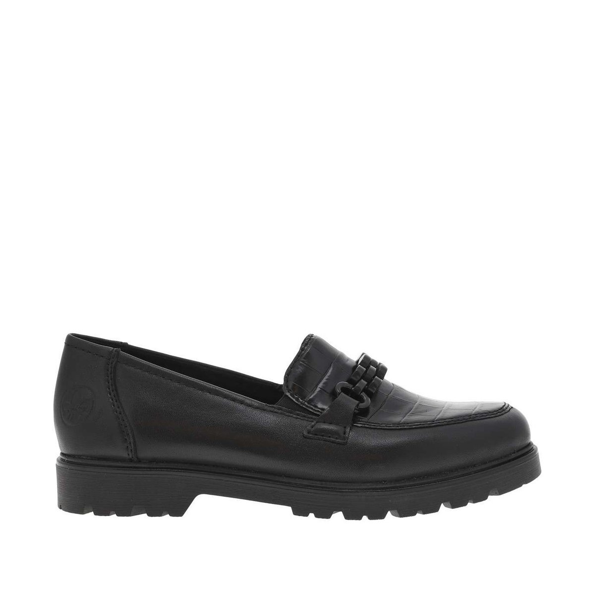 Mocassins en cuir noirs à talon décroché bas avec des soufflets élastiqués noir, RIEKER