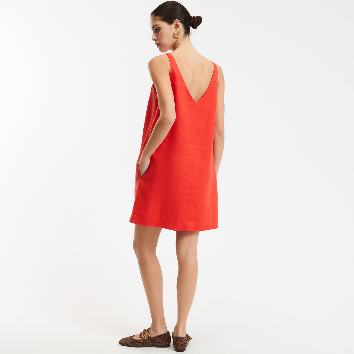 Abito dritto in lino, corto, senza maniche rosso granatina, LA REDOUTE COLLECTIONS
