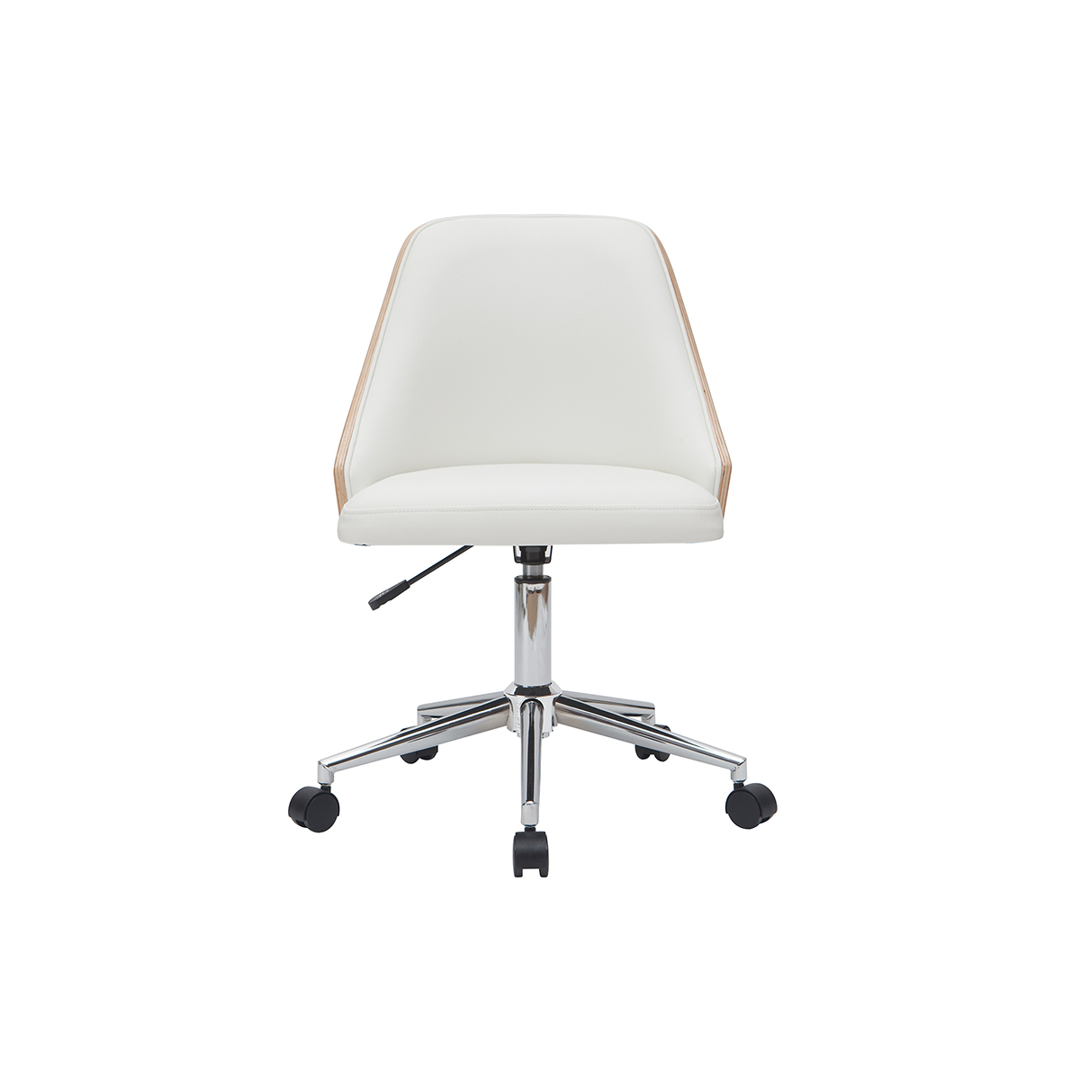 Chaise de bureau à roulettes design blanc, bois clair et acier chromé QUINO blanc, MILIBOO