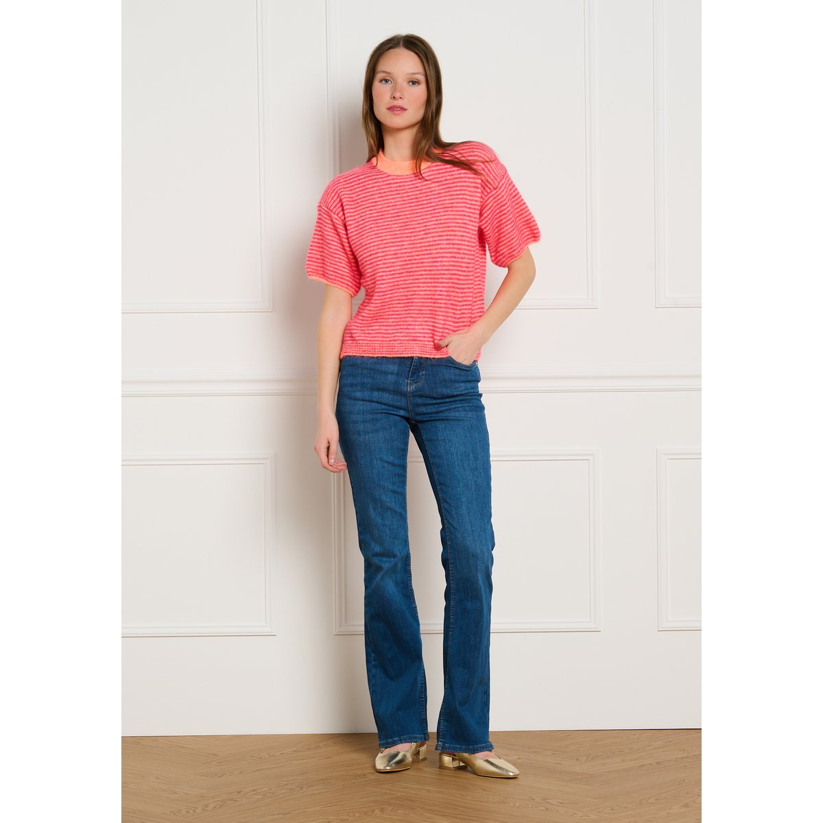 Pull rayé à manches courtes orange fluo, LOLALIZA