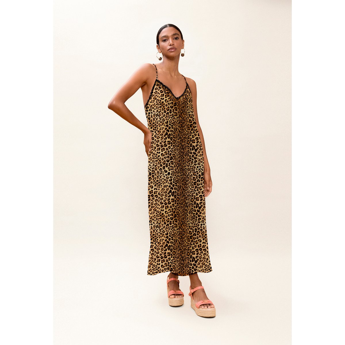 Robe longue imprimé léopard à bretelles et strass léopard, LOLA CASADEMUNT