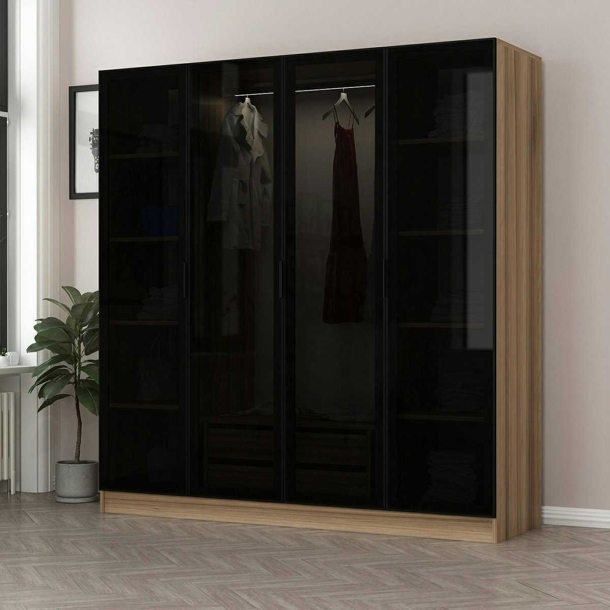 Armoire dressing 4 portes vitrées BYRON chêne, PIER IMPORT