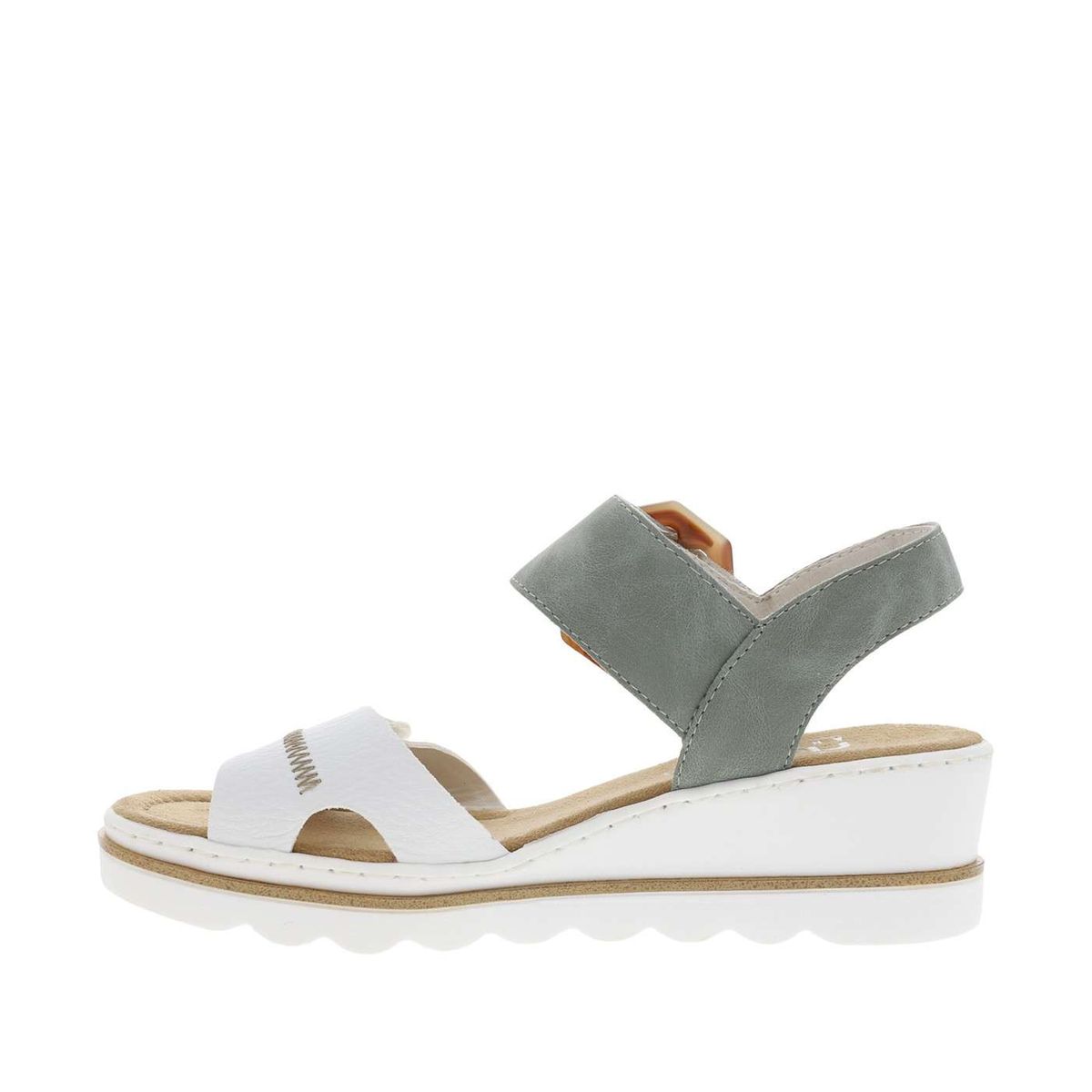 Sandales kaki à semelle blanche compensée et à bandes auto-agrippantes blanches, RIEKER