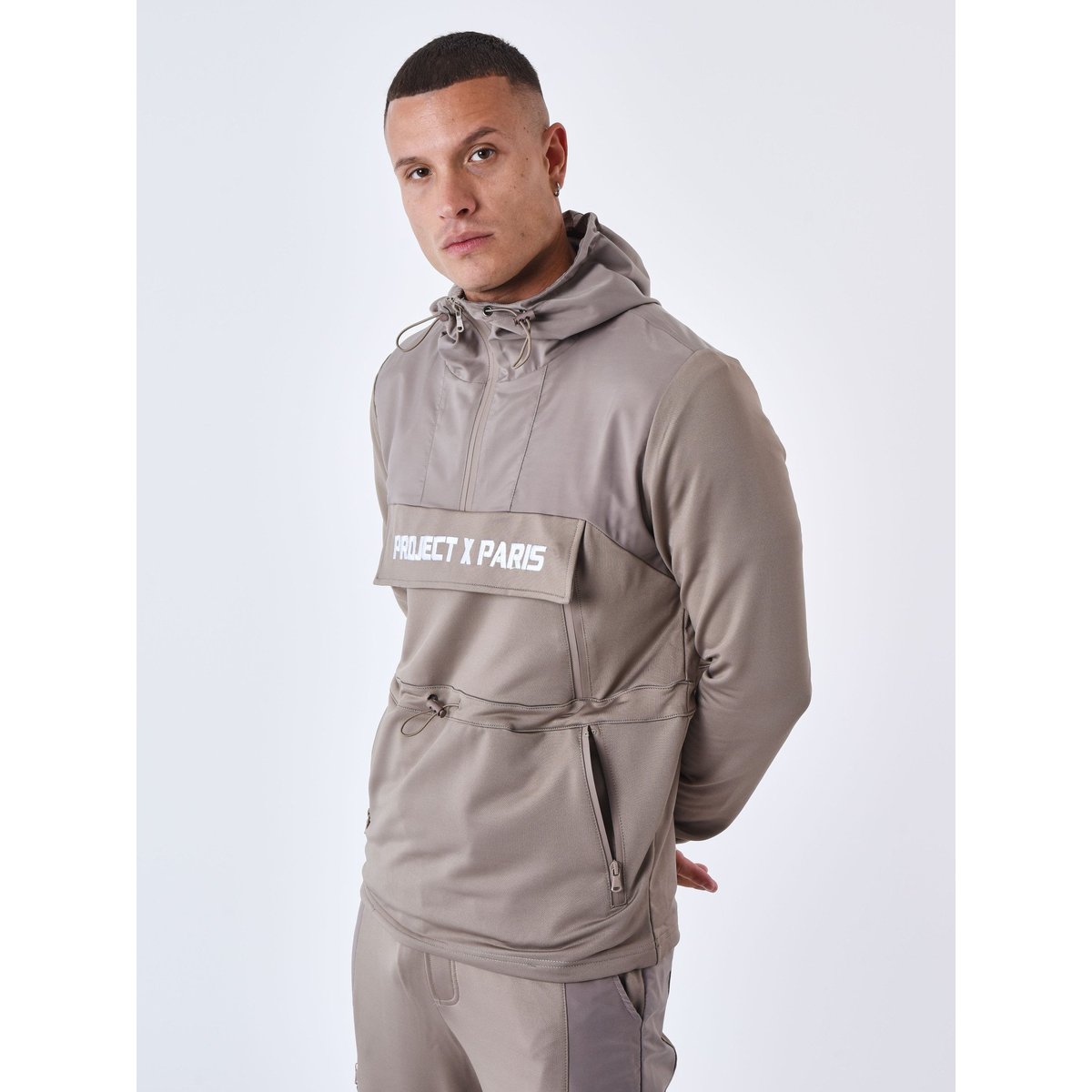Sweat à Capuche style coupe vent taupe, PROJECT X
