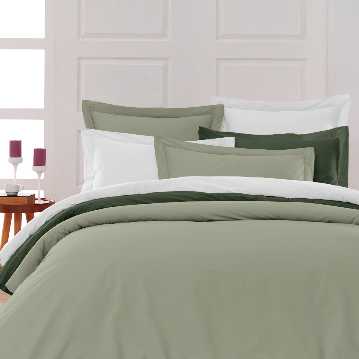 Drap housse en percale de coton bonnet 30 cm SOFT PERCALE sauge, SENSEI MAISON