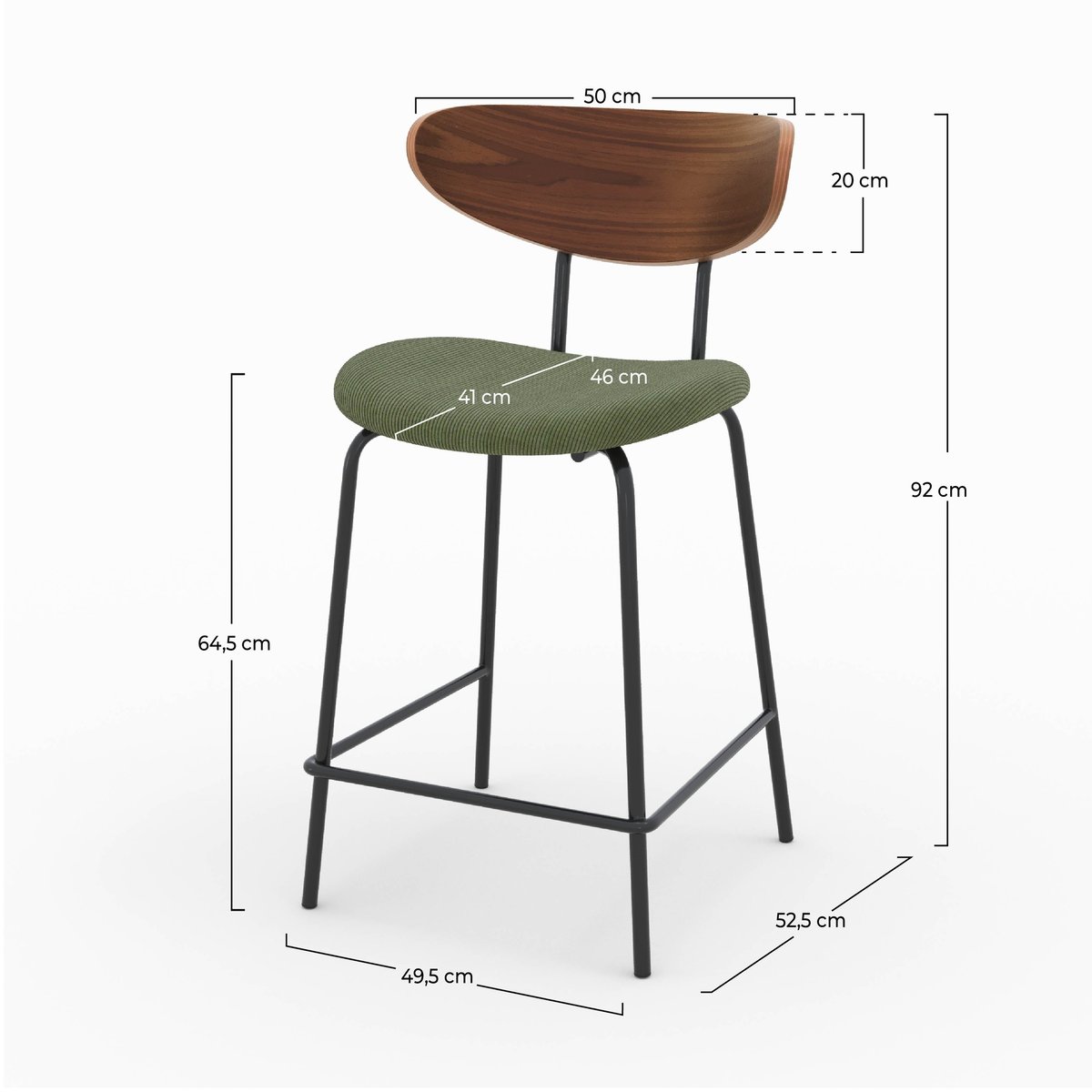 Lot de 2 chaises pour îlot central en velours côtelé 64.5 cm - JADE vert kaki, MAISON PAVANE