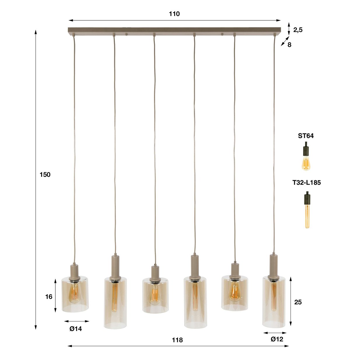 Suspension de table 6 lampes verre ambré métal beige RALF beige, PIER IMPORT