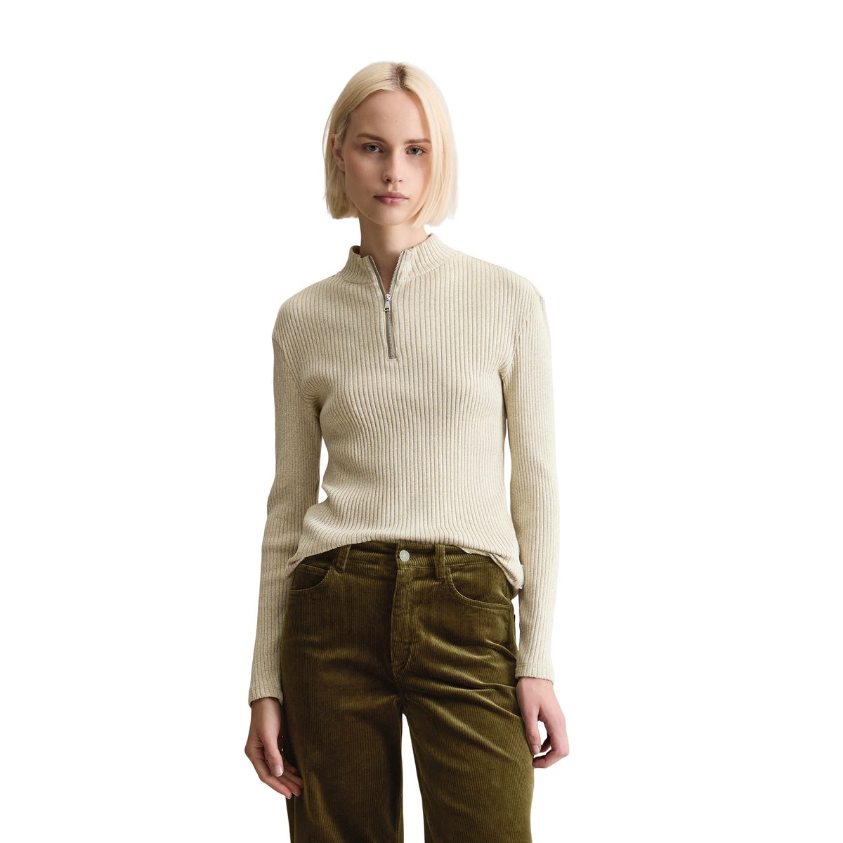 Demi-manches longues zippées slim en jersey côtelé vert, MARC O’POLO DENIM