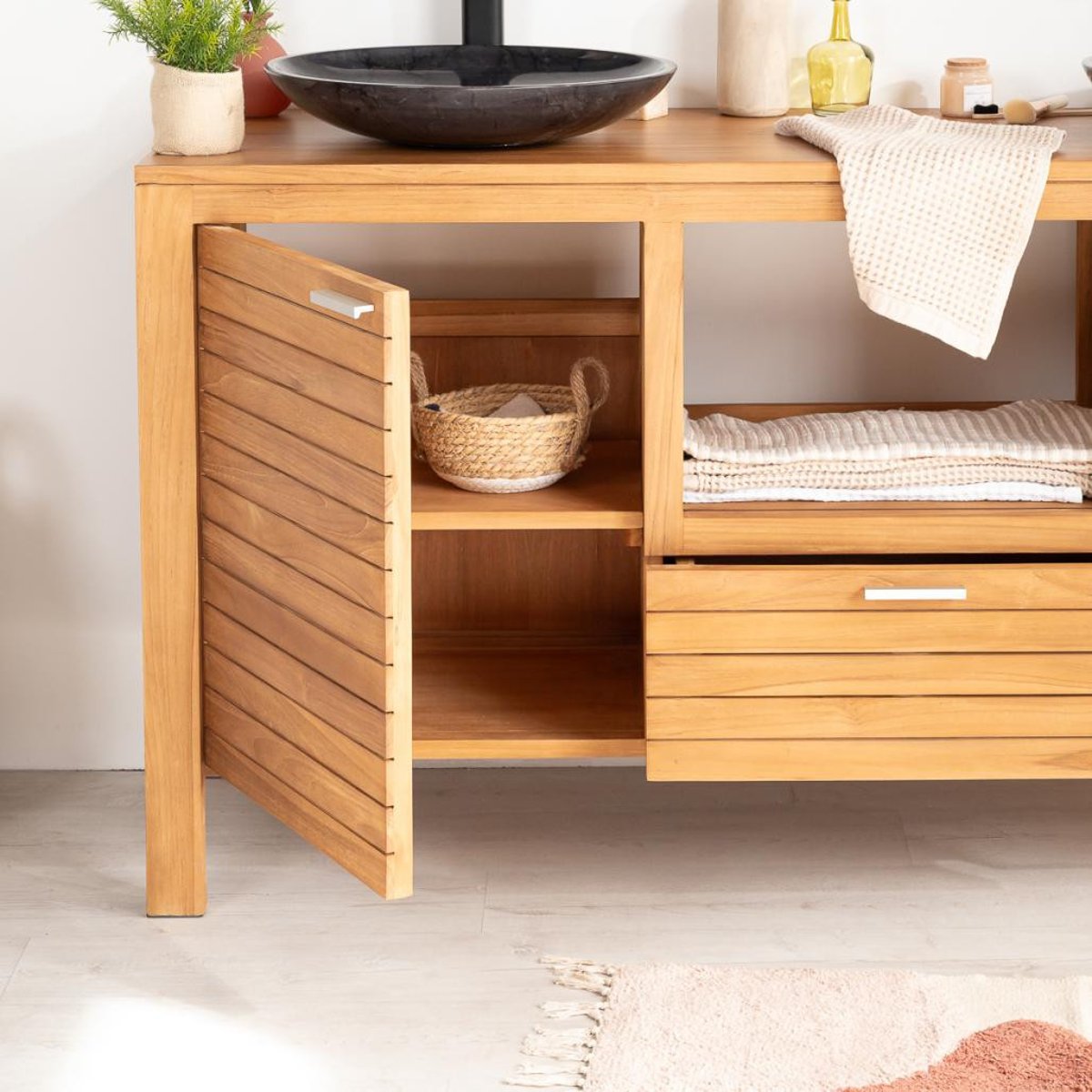Meuble en teck rectangle sous vasque 160 COURCHEVEL naturel, WANDA COLLECTION