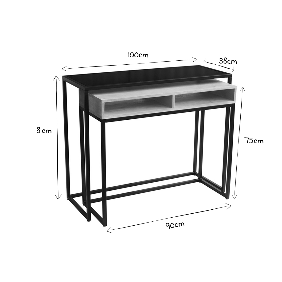 Console bureau d'appoint avec rangements casiers en bois manguier massif et métal noir L100 cm YPKA noir, MILIBOO