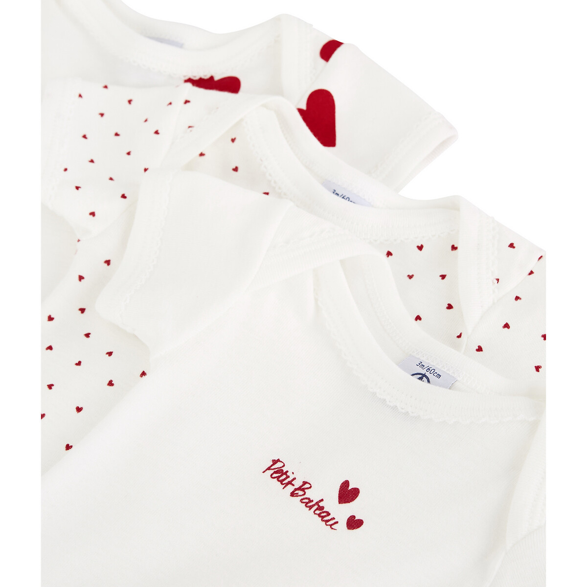 Pack of 3 Bodysuits with Short Sleeves heart print, PETIT BATEAU