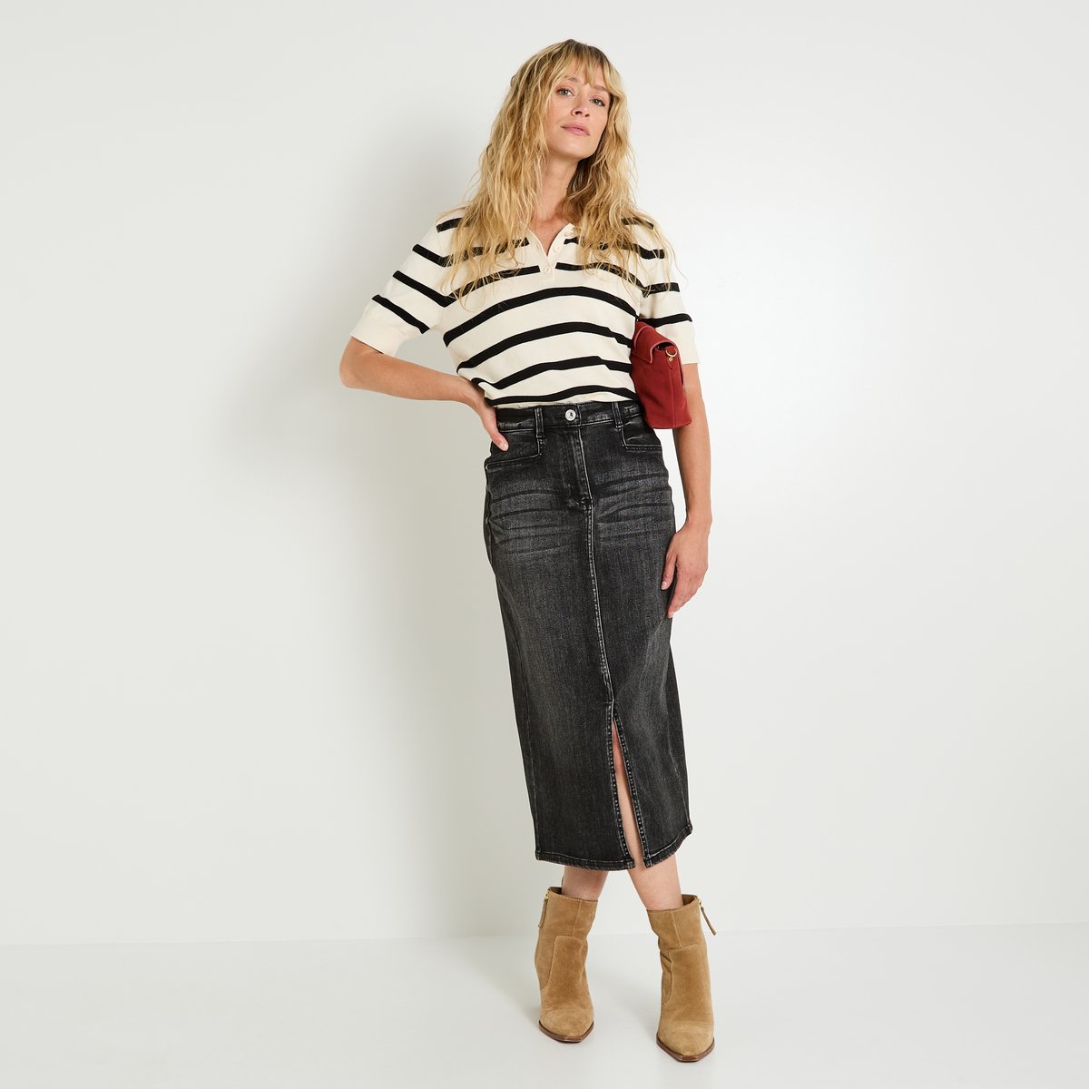 Jupe longue en denim gris dark grey, GRAIN DE MALICE