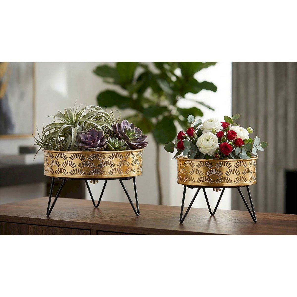 Cache-pots en fer motif ajouré lot de 2 GLAM noir et doré, RECOLLECTION