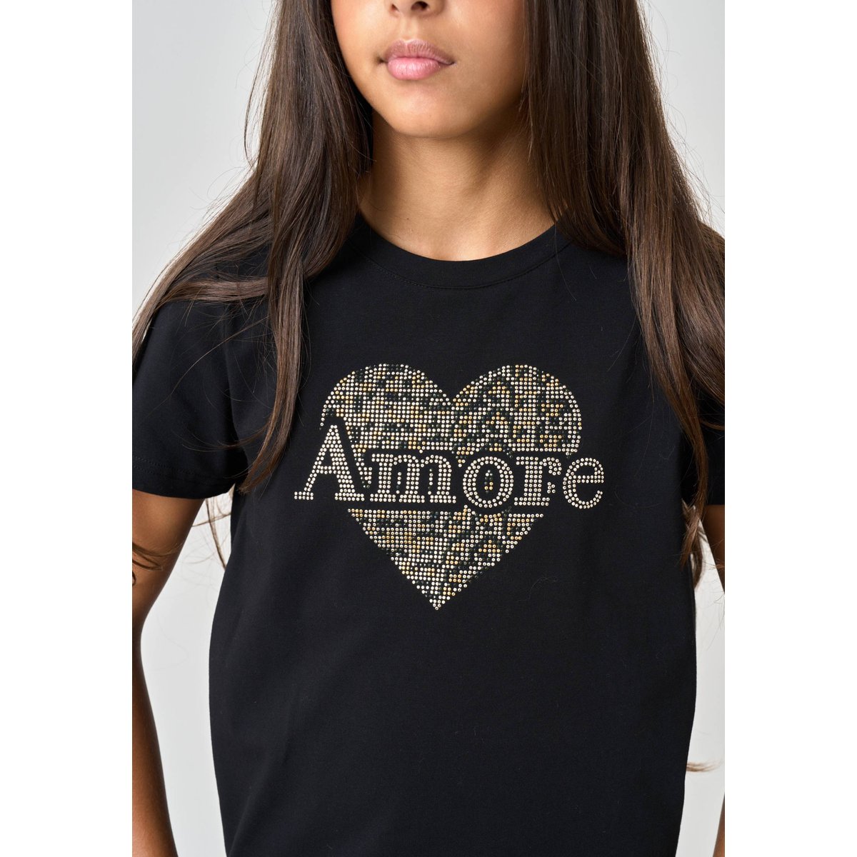 T-shirt regular fille en coton stretch avec cœur en strass SOLINE black, DEELUXE