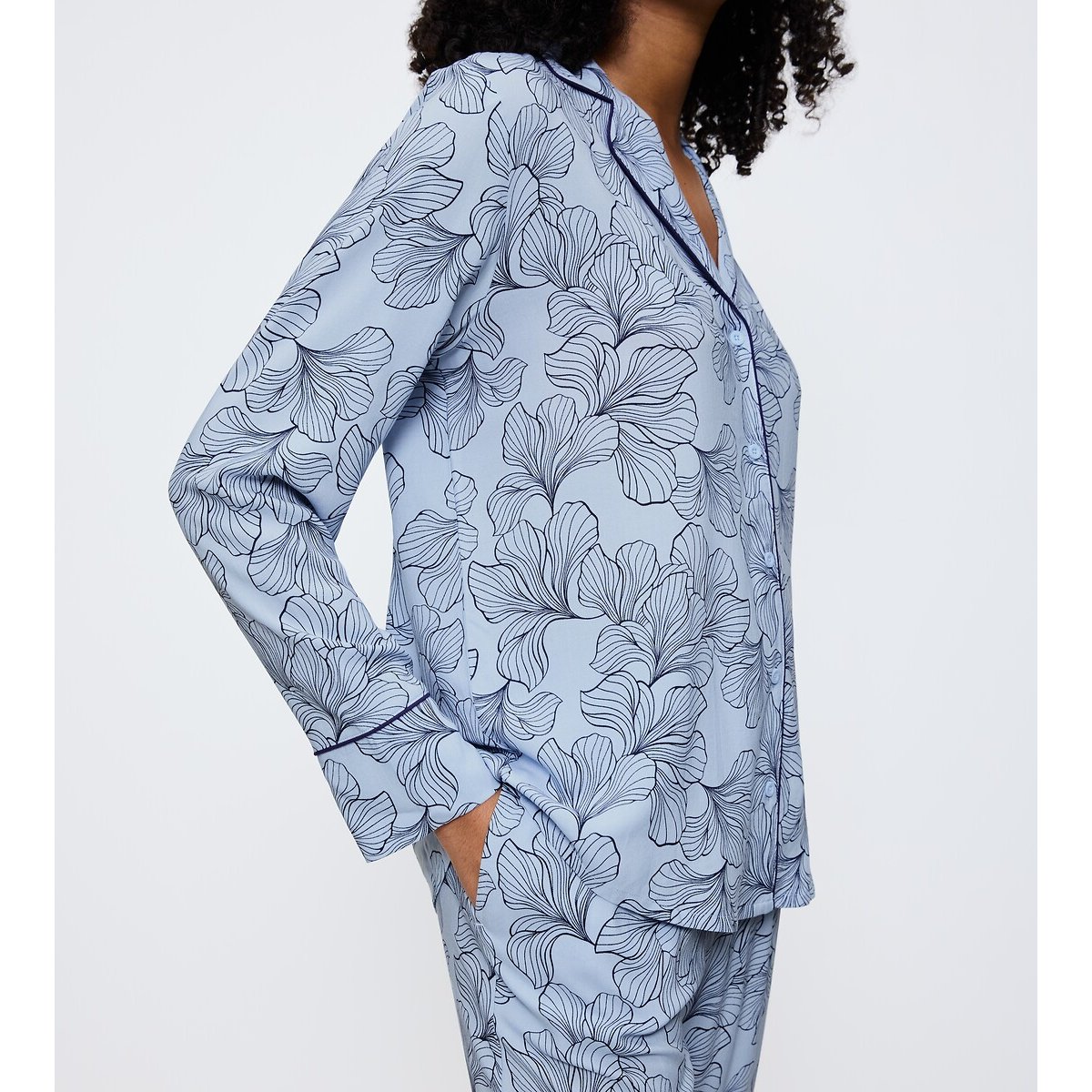 Boyfriend Fit Long Pyjamas floral print on a blue background , TRIUMPH