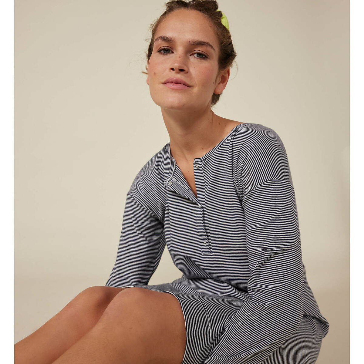 Cotton Long Sleeve Nightdress blue striped/white, PETIT BATEAU