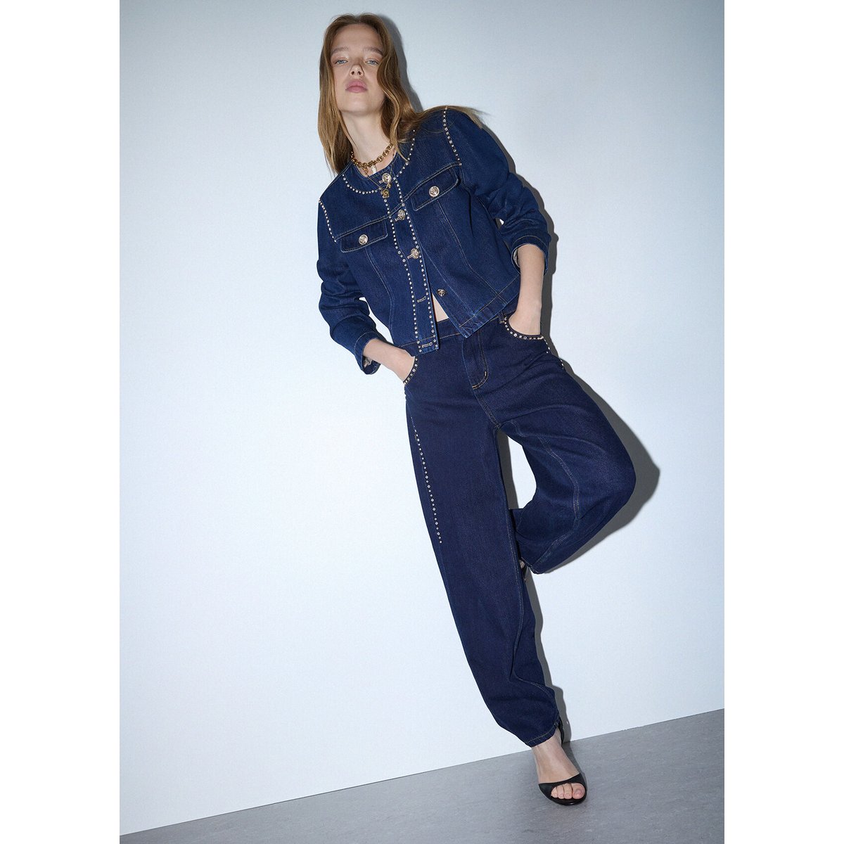 Jean taille haute avec strass délavage normal, LIU JO