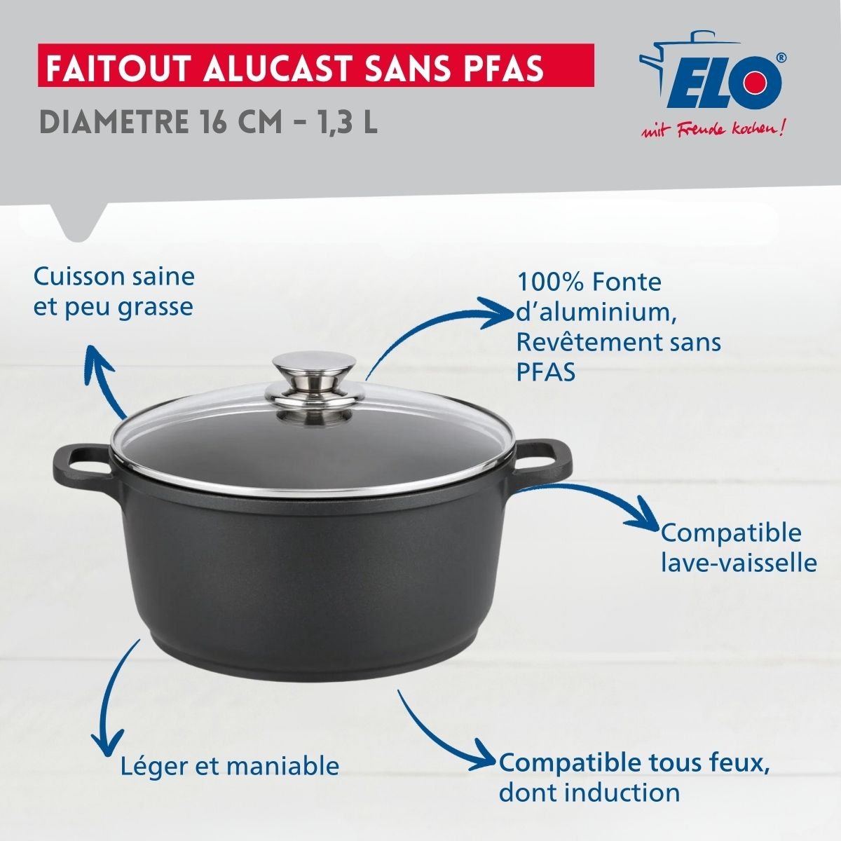 Batterie de cuisine 1 faitout 20cm ALUCAST noir, ELO