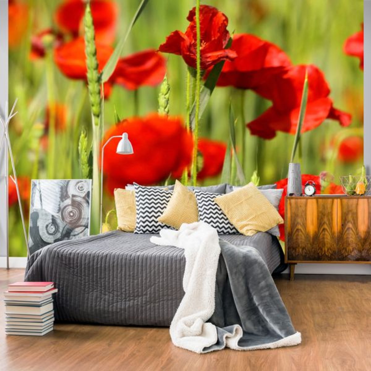 Papier peint intissé panoramique Fleurs Coquelicots dans le champ de blé rouge, EDEN