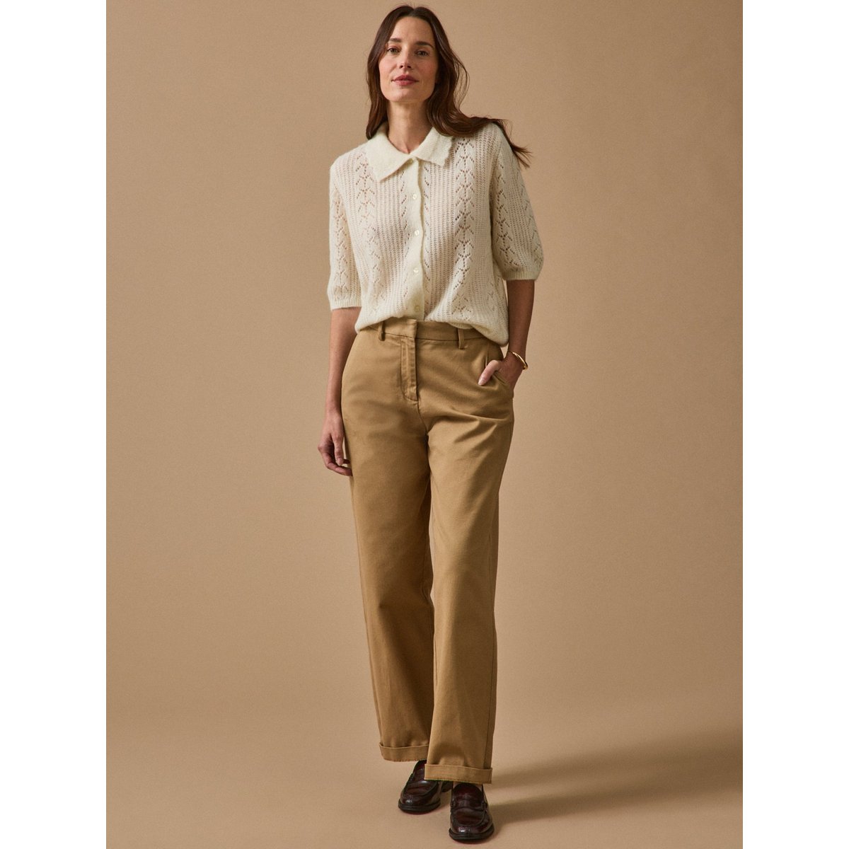 Gilet col polo avec laine et mohair ecru, CYRILLUS