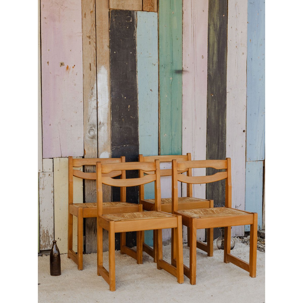 Lot de 4 chaises en bois et paille Claude N°1388 - Bon état bois clair, DEBONGOUT
