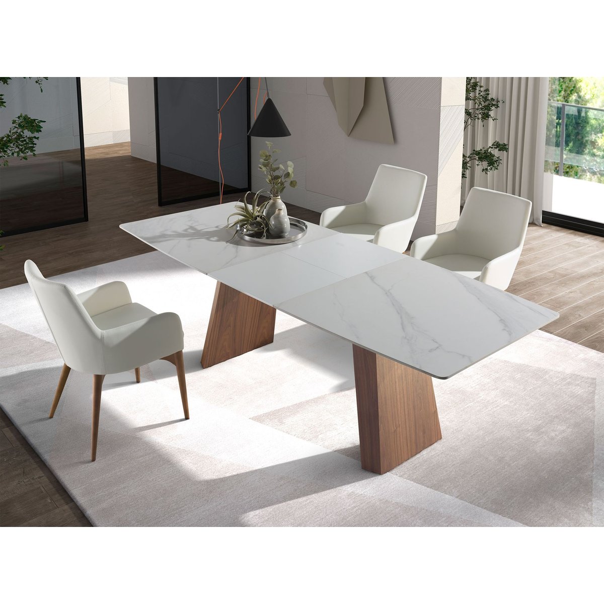 Table à manger à rallonge baril ovale marbre porcelaine et noyer blanc | noyer, ANGEL CERDA