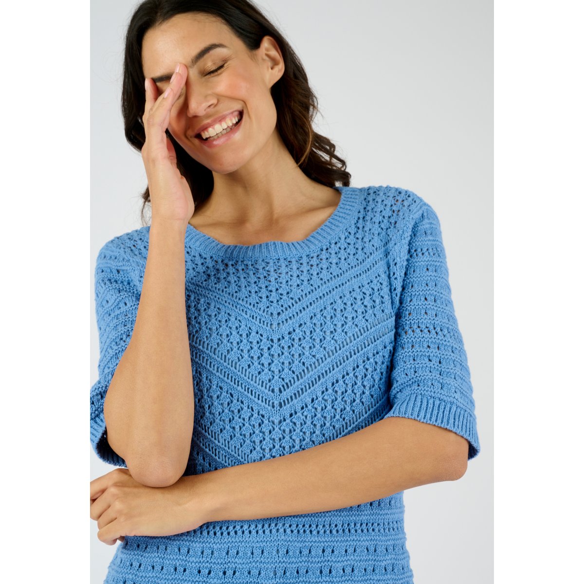 Pull maille fantaisie pur coton bleu, DAMART