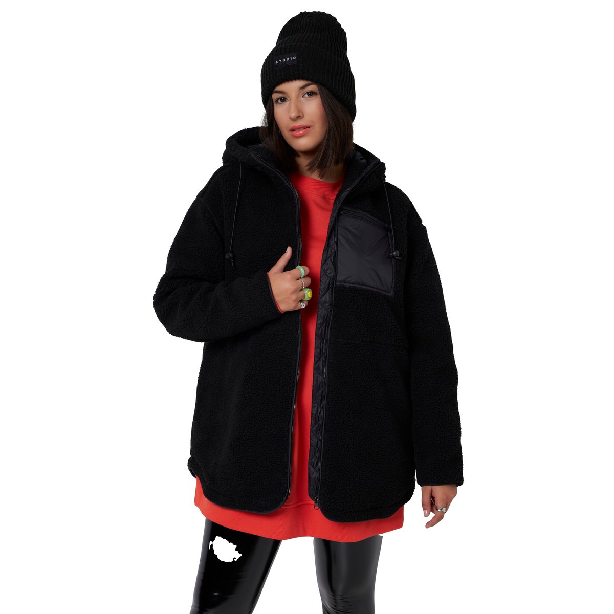 Veste en polaire bouclée, oversized, capuche noir, STUDIO UNTOLD