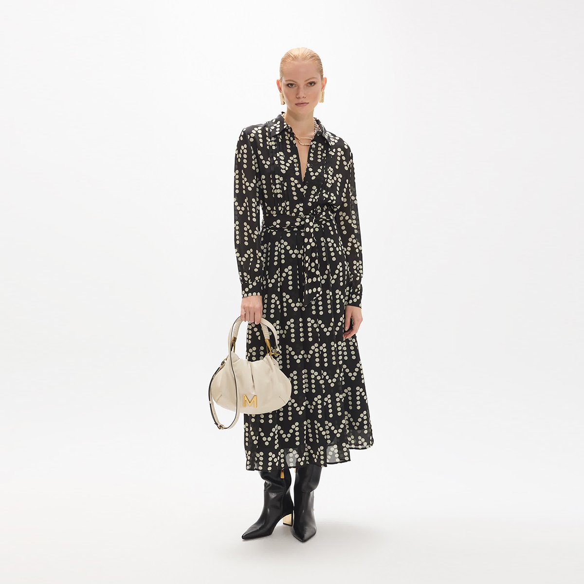 Robe longue manches longues à pois à ceinture noir, LOLA CASADEMUNT