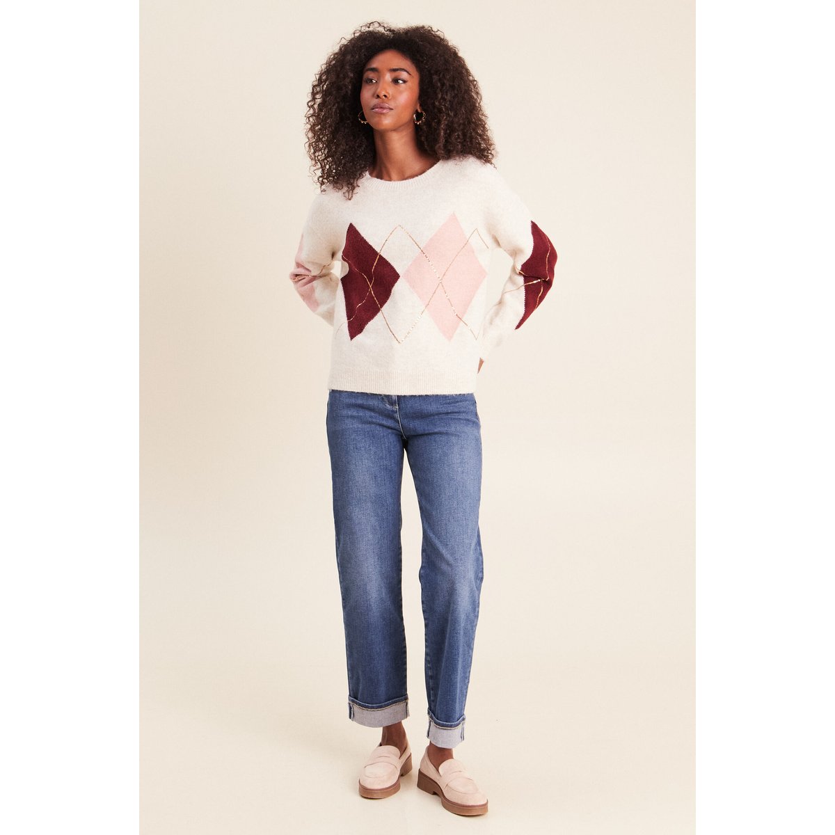 Pull col rond avec strass beige, BREAL