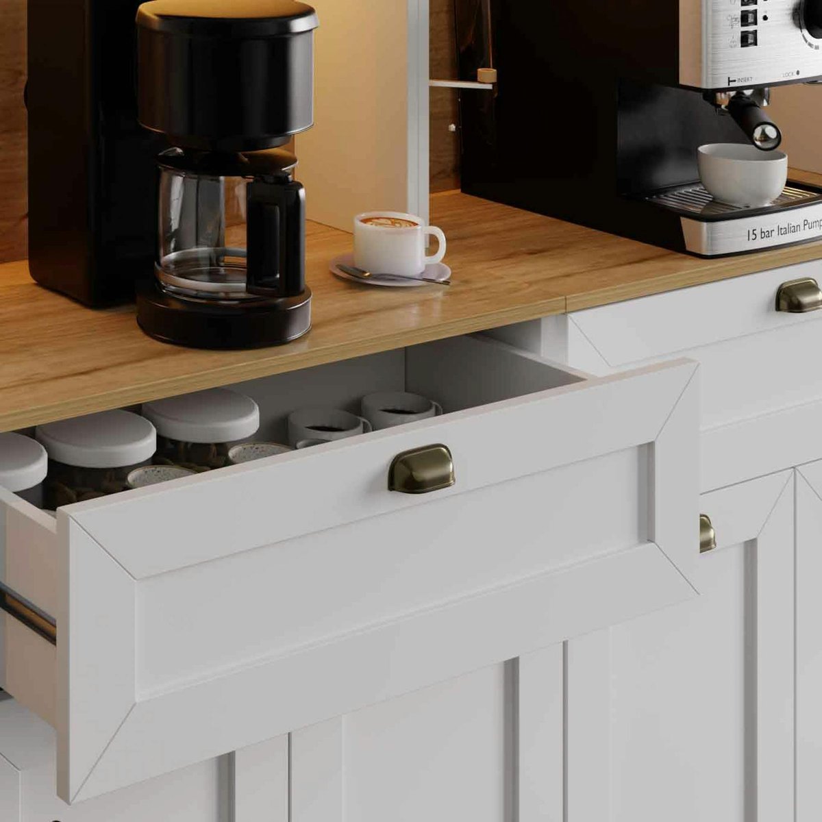 Grand vaisselier de cuisine à LED 10 portes décor blanc et noir AURA blanc, PIER IMPORT