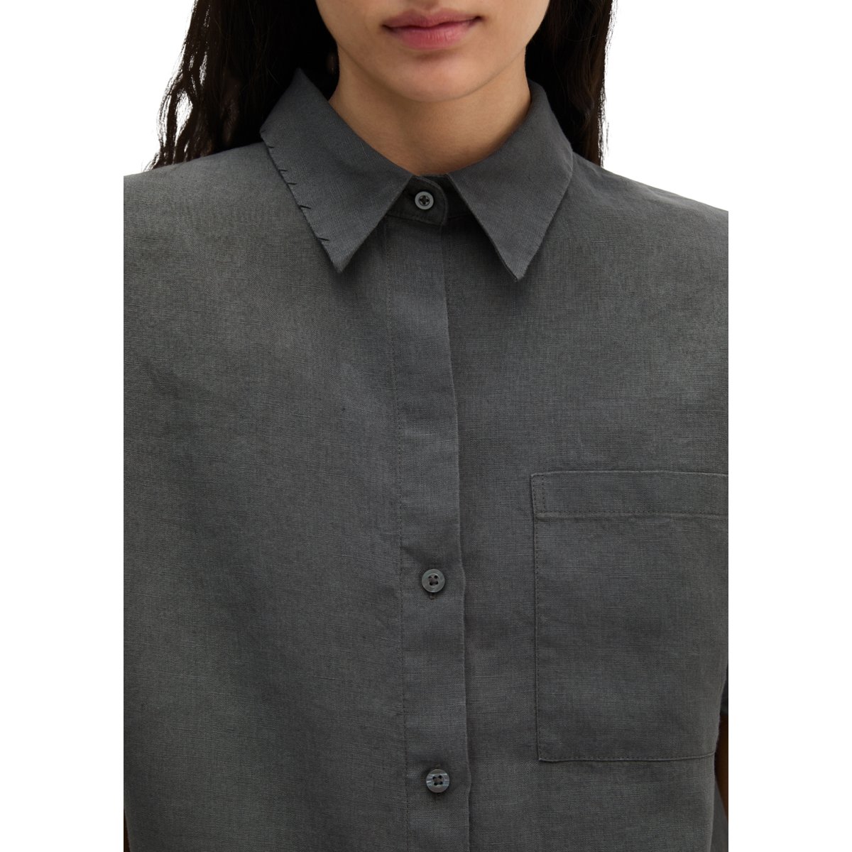 Blouse en lin à manches courtes regular avec de larges plis dans le dos dunkelgrau, MARC O'POLO