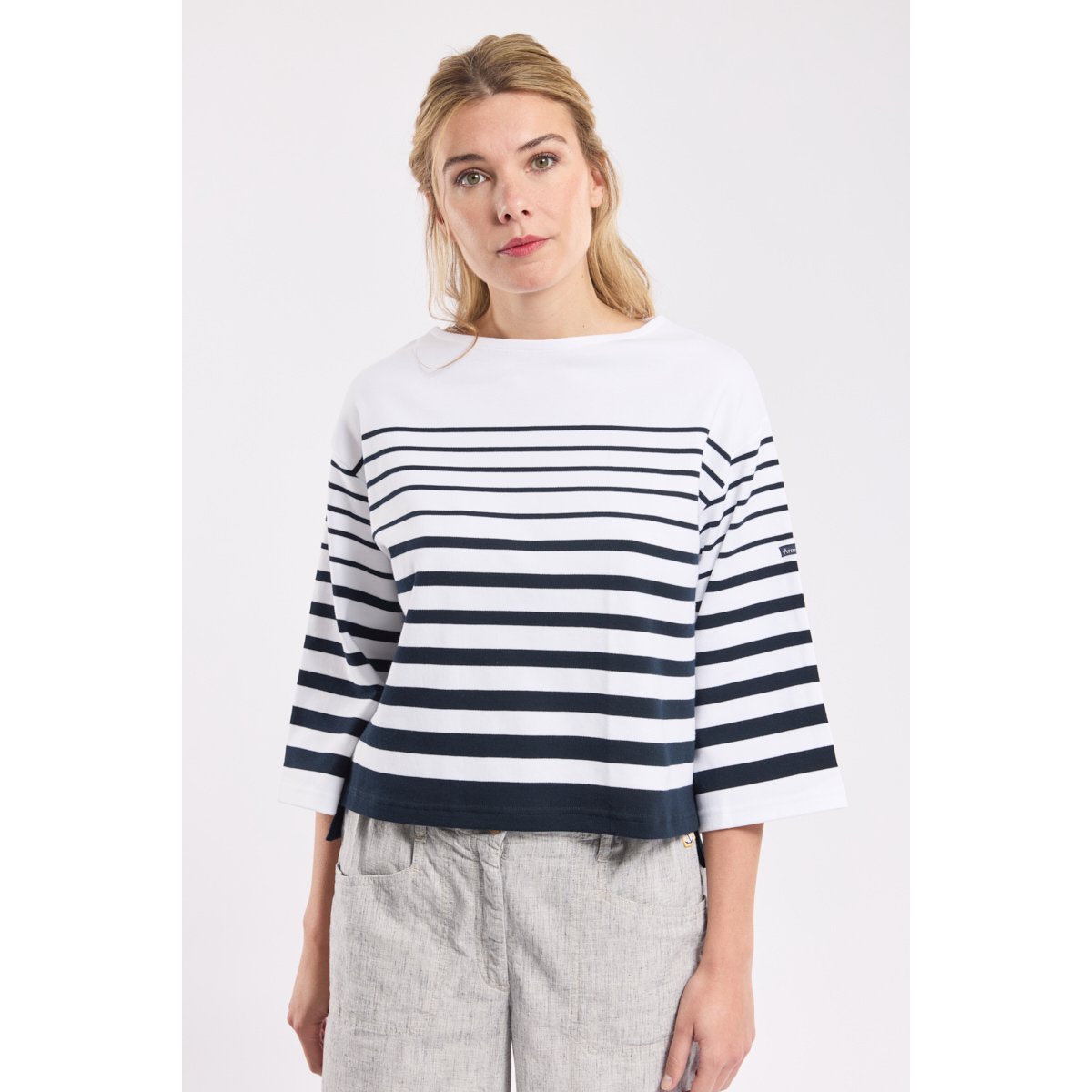 Marinière manches 3/4 en coton blanc/rich navy, ARMOR-LUX