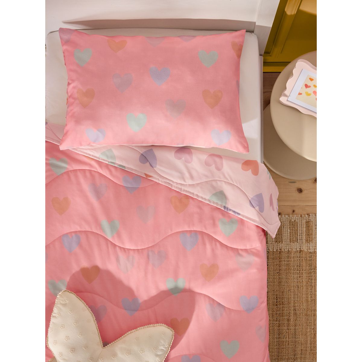 Parure housse de couette et taie d’oreiller rose motif cœurs, NEXT
