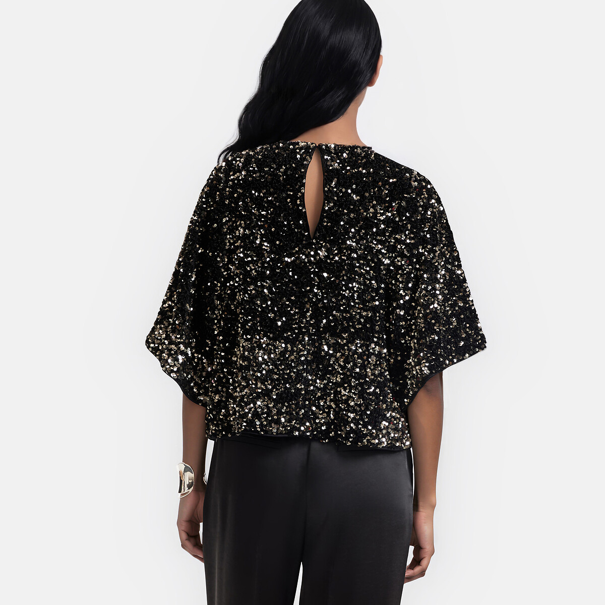 Blouse met ronde hals en zecchino's, korte mouwen zwart/goudbruin, LA REDOUTE COLLECTIONS