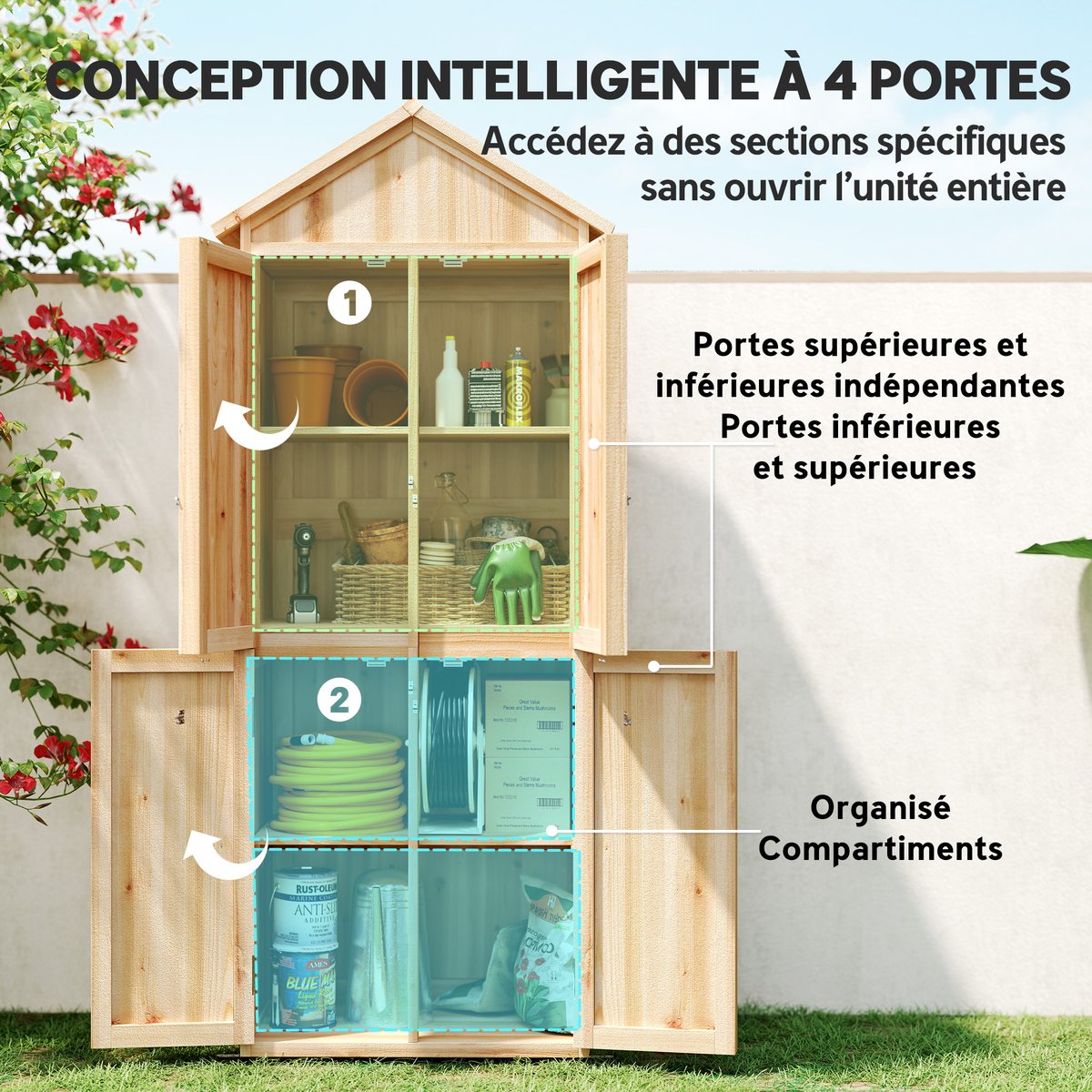 Armoire de rangement d'extérieur Bois de bois naturel, OUTSUNNY