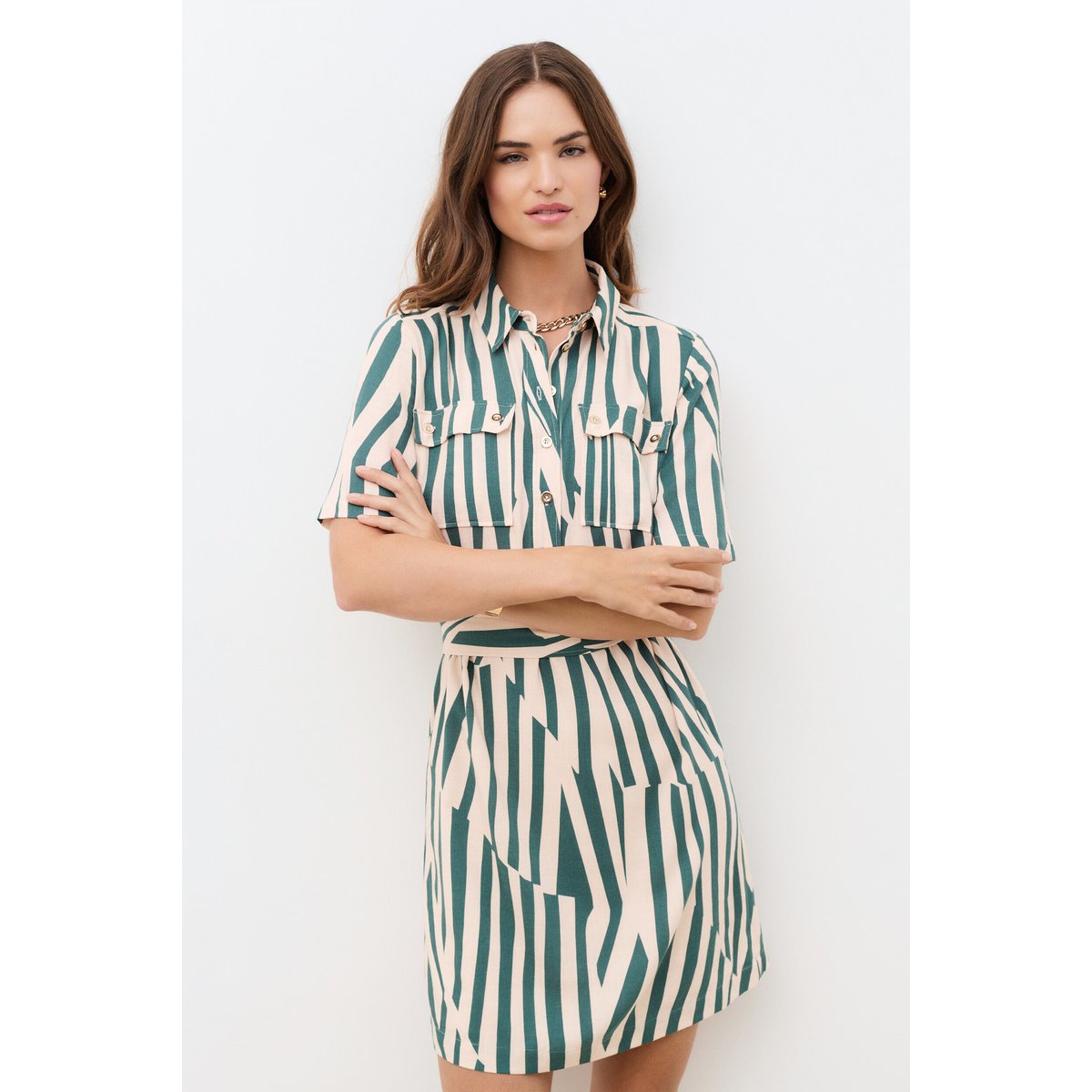 Robe droite col chemise RLEONA vert turquoise, CAROLL