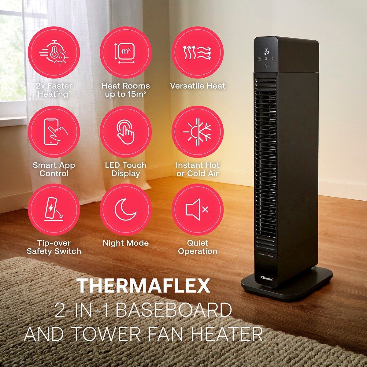 ThermaFlex 2.2kW 2-in-1 Baseboard and Tower Fan Heater - DXDC22 black, DIMPLEX