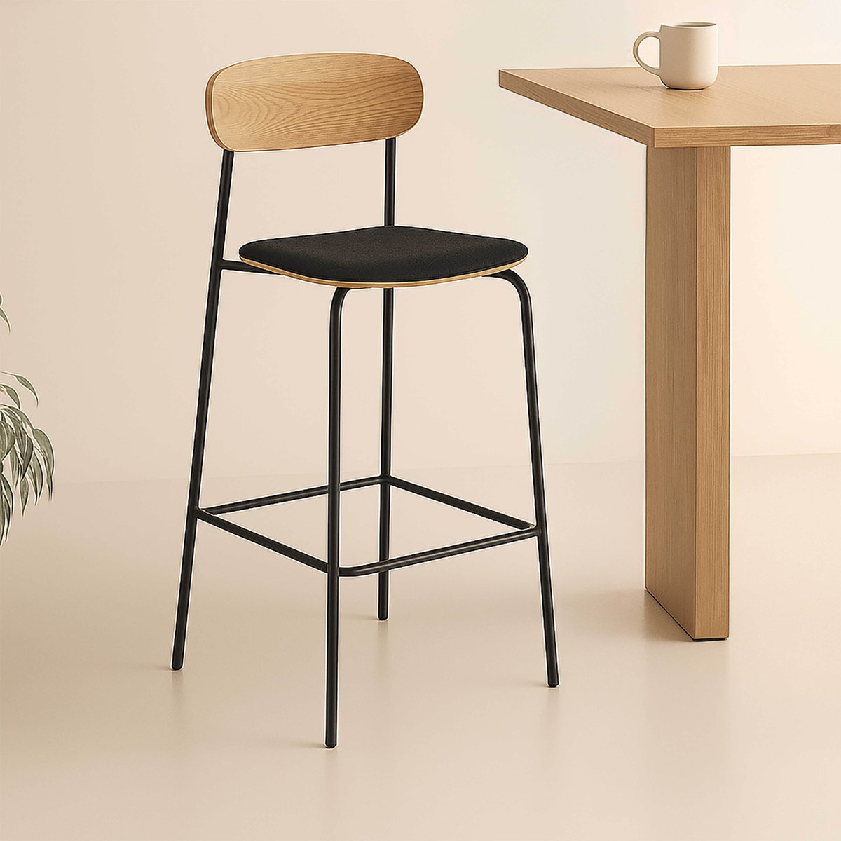 Lot de 2 chaises hautes en métal, bois et tissu, LEXY noir, OVIALA