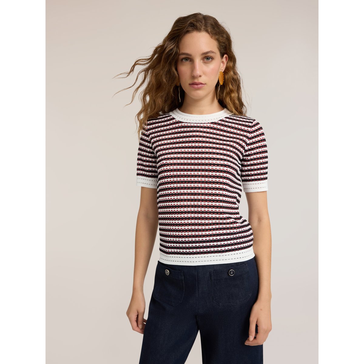 Pull à rayures ajouré blanc, MOTIVI