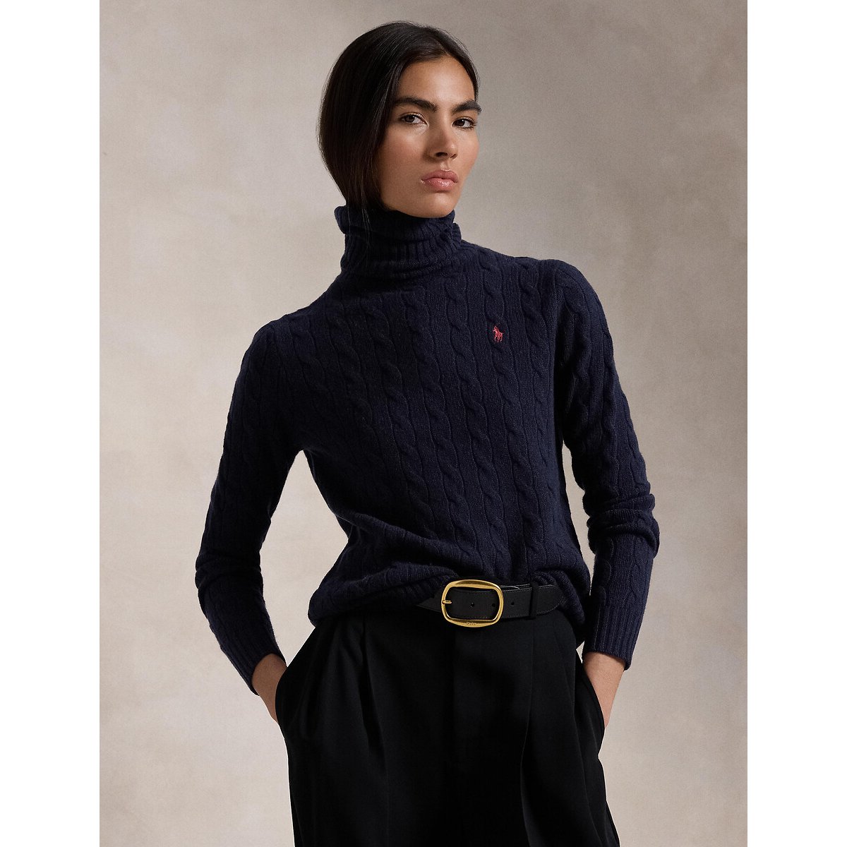 Jersey de cuello vuelto, punto trenzado, 90% lana, 10% cachemira azul marino, POLO RALPH LAUREN